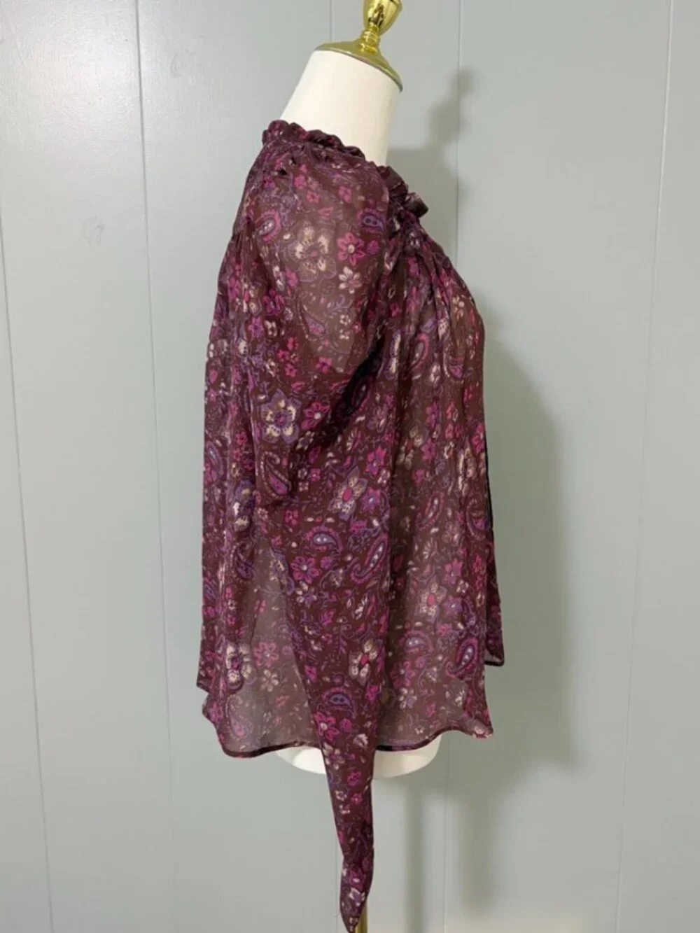 Ulla Johnson Renly Blouse Sumac Floral Paisley 100% Silk Sz 0 Ruffle Puff Sleeve